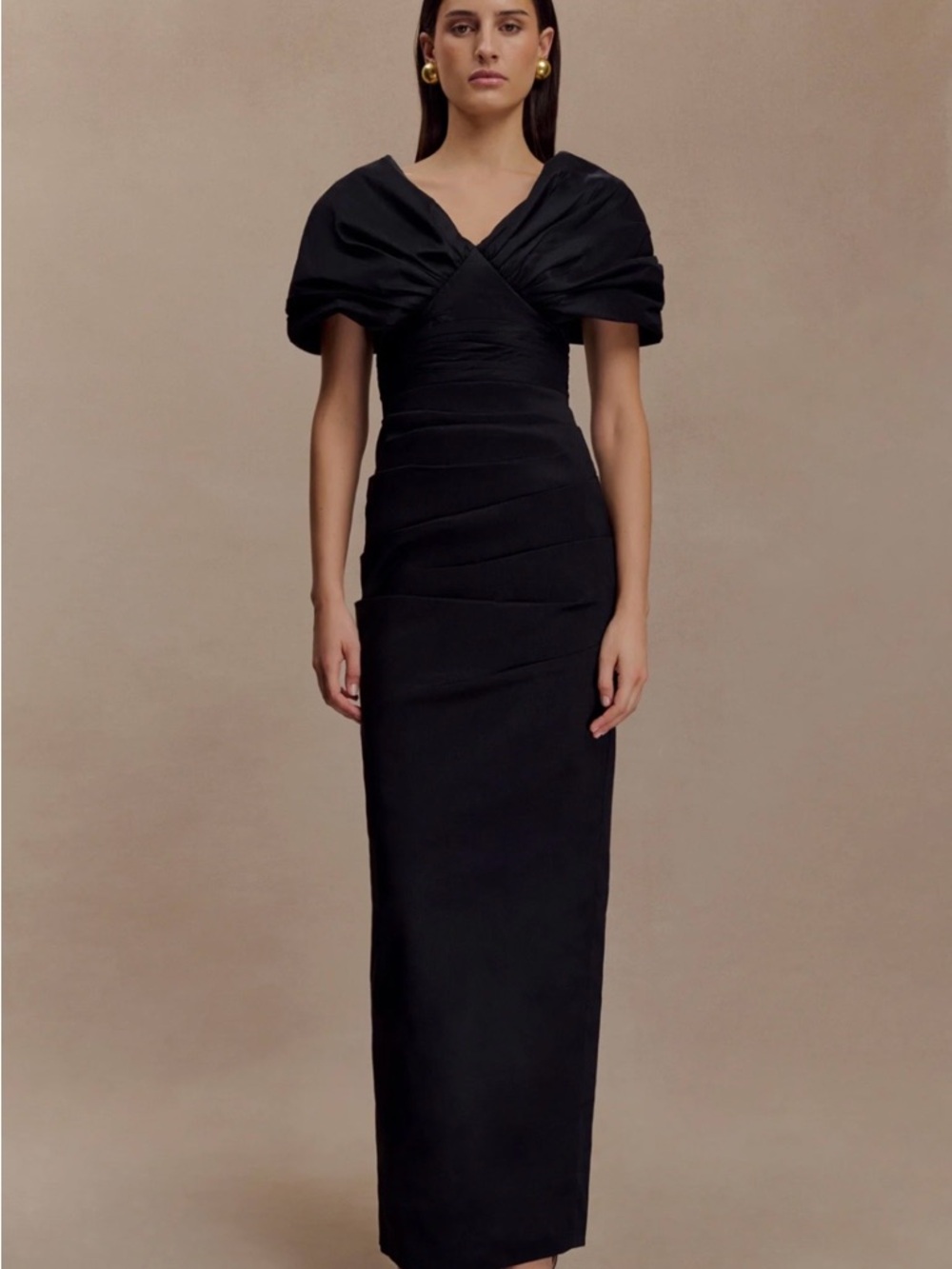 Meshki Black Off-Shoulder Maxi Dress with Sculpted Puff Sleeves